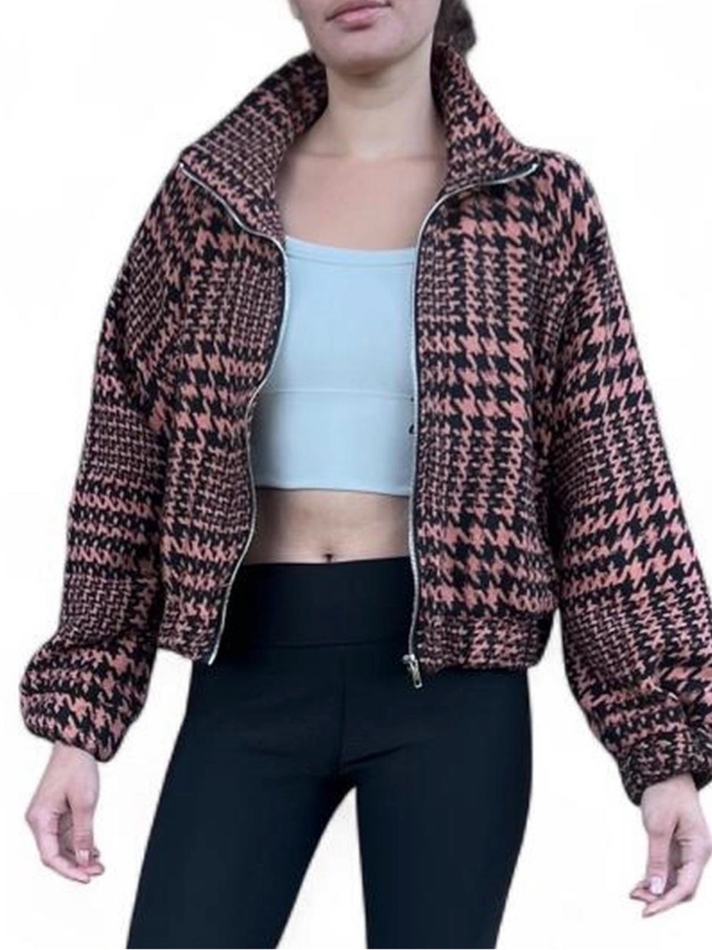 HYFVE Boutique burn pink and black houndstooth cropped jacket